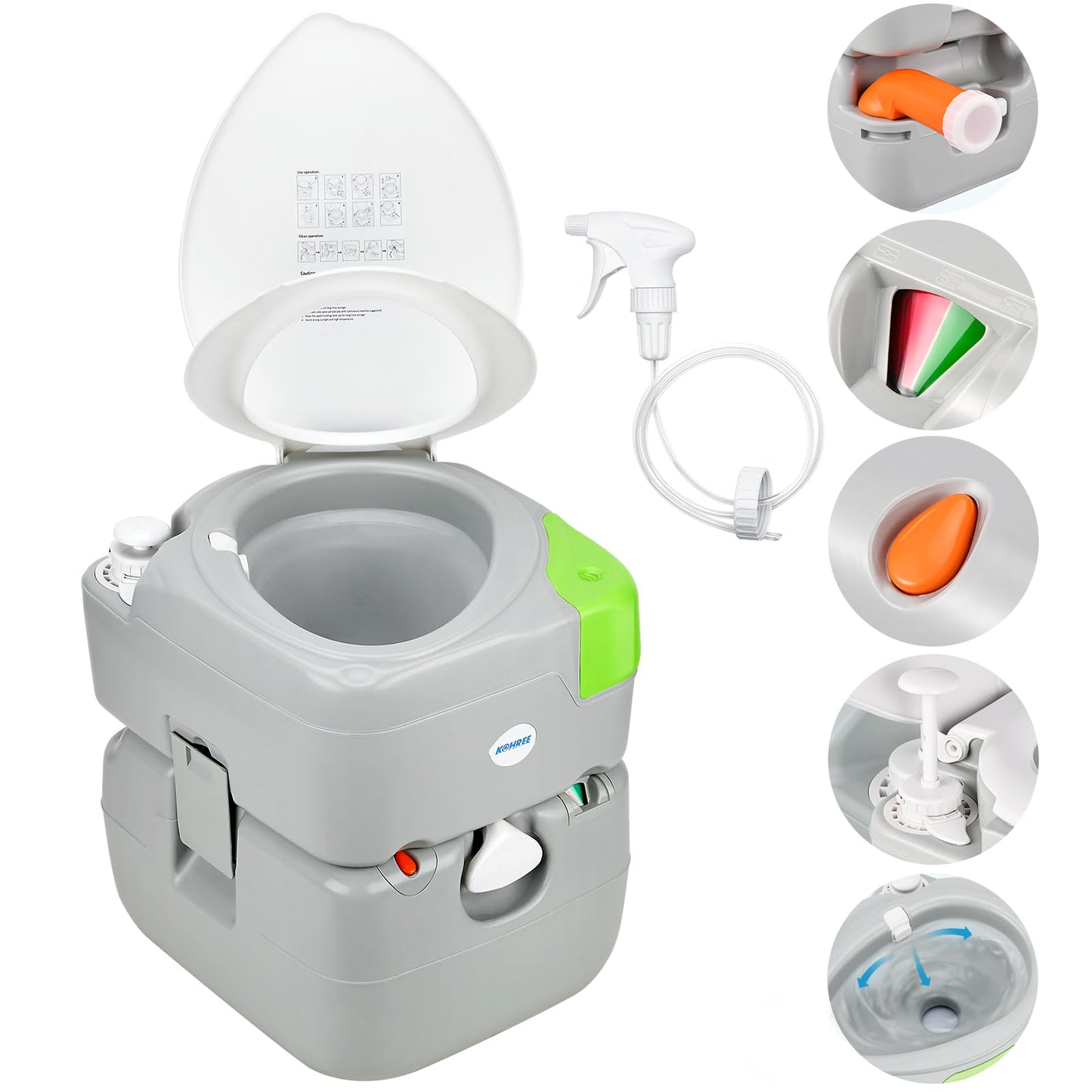 Kohree 5.8 Gal Camping Toilet for Adults with Diagonal Elongated Bowl Seat