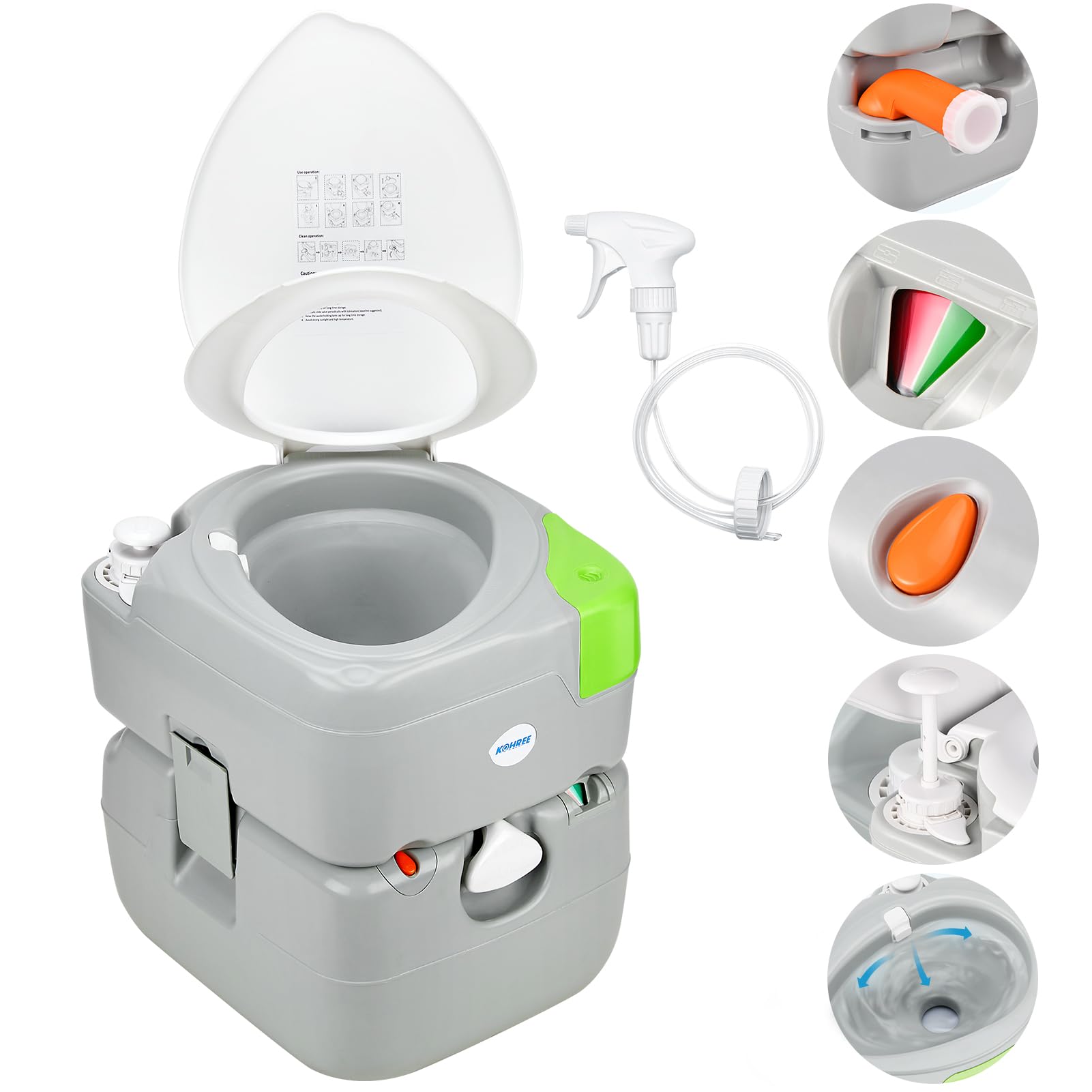 Kohree 5.8 Gal Camping Toilet for Adults with Diagonal Elongated Bowl Seat