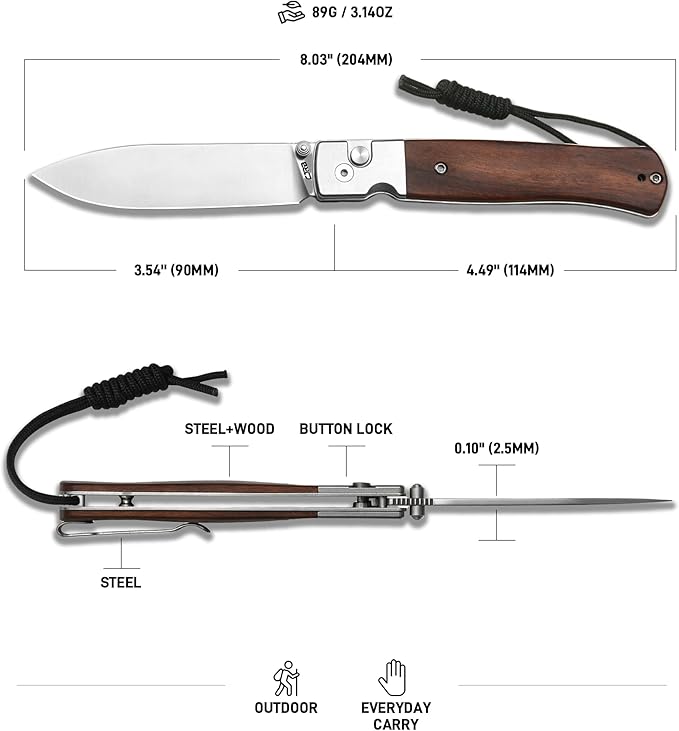 CJRB Glacier Folding Knife, 3.54'' AR-RPM9 Steel Blade EDC Knives with Wood Handle for Camping Hiking Survival(1961 Wood)
