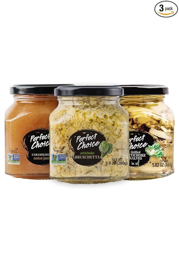 Perfect Choice Delicious Grilled Artichoke Halves, Artichoke Bruschetta, Caramelized Onion Mix (Pack of 3) - Ready-to-eat - Delicious for Salads, Burgers & more