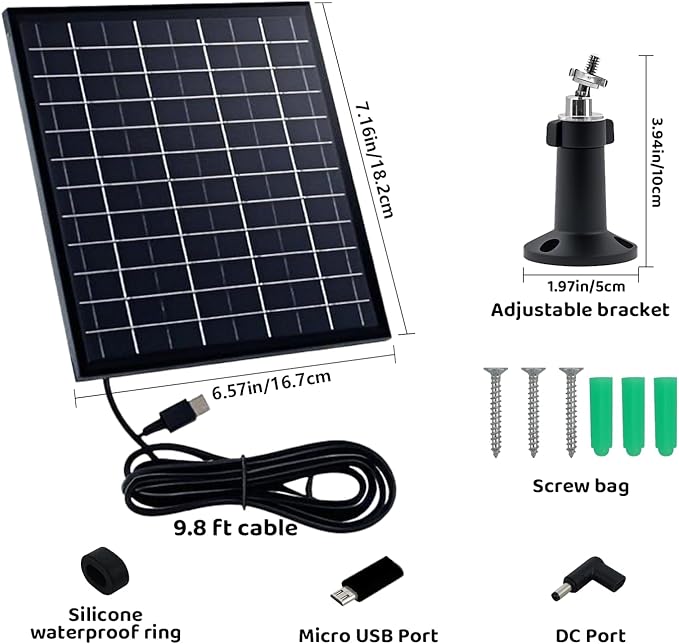 Solar Panel for Security Camera 5V 6W USB Solar Panel Charger Type-C Port?�Micro USB Port＆DC Port Solar Sanels for Cameras with 9.8ft Charging Cable Charging Power IP65 Waterproof (2 Pack Black)