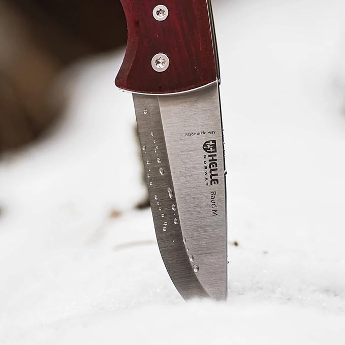 HELLE Knives - Raud M - Folding Pocket Knife - 2.72" Stainless Steel Blade with Red Birch Handle & Detachable Clip - Made in Norway