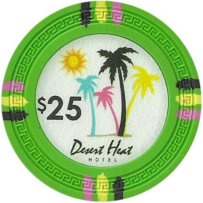 13.5-gram Desert Heat Premium Poker Chips (50-Pack) Heavy Clay Composite Set - Bulk Casino Chips with Denominations for Texas Holdem, Blackjack - Betting Game Accessories ($25 Green)