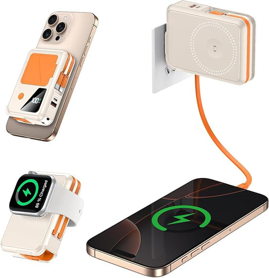 Wireless Portable Charger,5-in-1 Magnetic Power Bank 10000mAh Built in Cables and AC Plug,22.5W Fast Charging Magnetic Battery Pack,Compatible with iPhone 16/15/14/13/12,Apple Watch Series,Airpods
