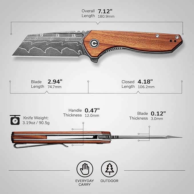 CIVIVI Pocket Knife for Men, ExOne Folding Knife with Flipper, 2.94" Damascus Blade Wood Handle for Perfect EDC Gift C23036-DS1