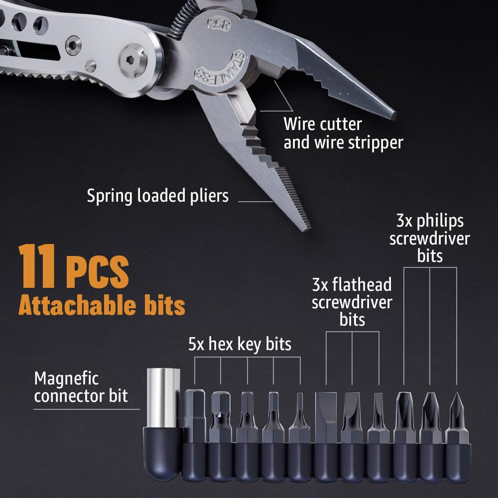 24-in-1 Multitool with Knife, Pliers & 11 Bits Sharp Stainless Steel - Multi Tool for Men - Ideal