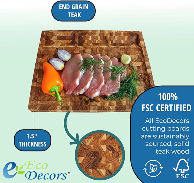 EcoDecors FSC Certified Solid Teak Wood Cutting Board 24x18, Large End Grain Butcher Block with Juice Groove, Side Handles, Charcuterie Slots, Reversible