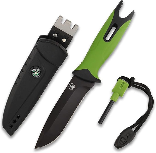 Fixed blade hunting knife-Stainless Steel Blade,Fixed blade knife with sheath, Fire Starter, Sharpener, Whistle and Compass,Survival Tactical Knife for Hunting,Fishing,Camping and Bushcraft