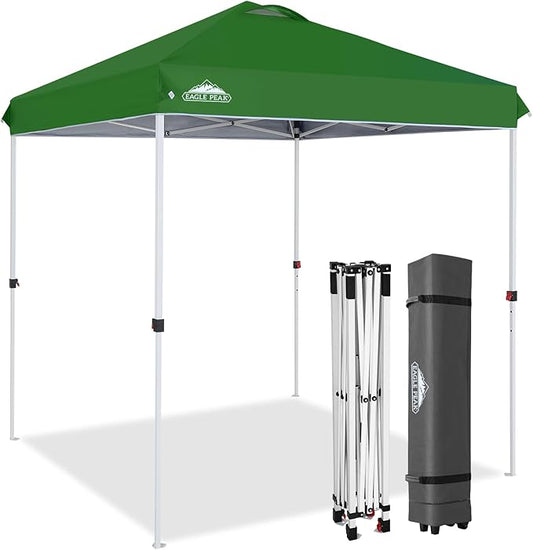 EAGLE PEAK Pop Up Canopy Tent with Wheeled Carry Bag, 8 Stakes, 4 Ropes, Easy Set Up Tent Canopy, 6.6x6.6 ft, Green