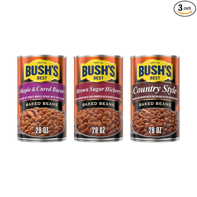Bush's Best Baked Beans, Sweet Country Maple, 1 Maple Cured Bacon (28oz), 1 Country Style (28oz), 1 Brown Sugar Hickory (28oz), (Variety Pack)