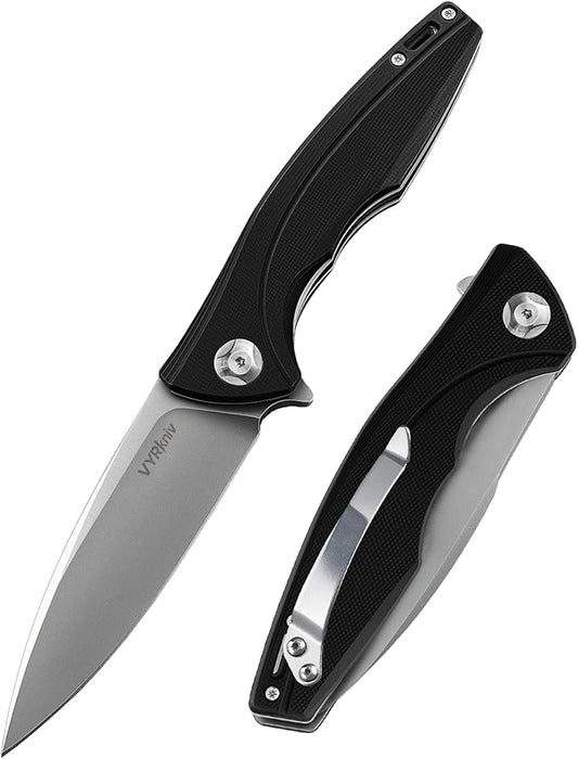 Pocket EDC Knife V903, 3.2" D2 Steel Blade Black G10 Handle Folding Knife with Pocket Clip for Men Women Camping Survival Hiking Outdoors (Black)