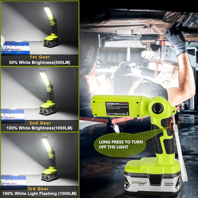 YEX-BUR LED Work Light for Ryobi 18V Battery, 12W 1000LM Protable Flashlight with Low Voltage Protection 270° Rotating Wide-Angle Lighting for Workshop, Camping, Outdoor