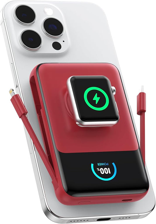 Magnetic Portable Charger 10800mAh with Built-in Cables,5-in-1 Qi2 Certified 15W Wireless Power Bank with iWatch Charger,30W PD Fast Charging USB-C Battery Pack for iPhone 17/16/15/14/13/12 Series-Red