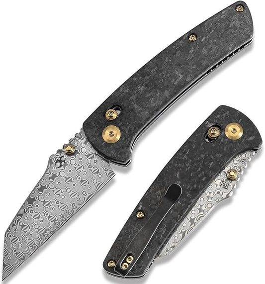 KANSEPT Elite Main Street Pocket Knife, 3.36''Damascus Sharp Tanto Blade, Shred Carbon Fiber Handle with Axis Lock and Thumb Stud,Perfect Clip for EDC, Men Gift Camping Survival Folding knives K1015V1