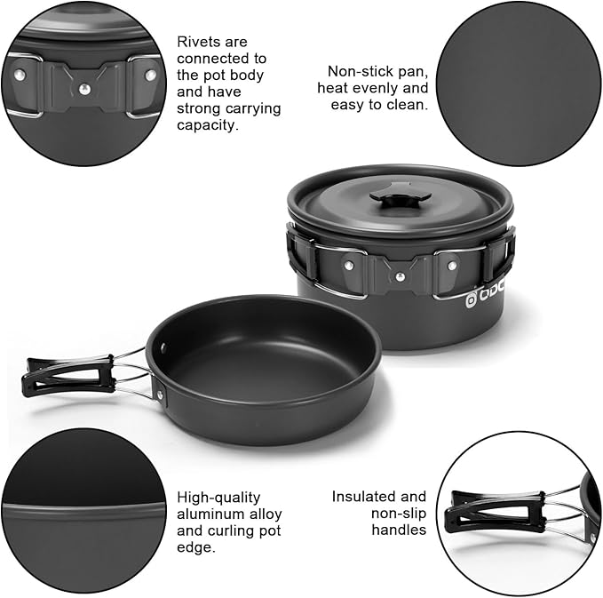 Odoland 15pcs Camping Cookware Mess Kit, Non-Stick Lightweight Pot Pan Kettle Set with Stainless Steel Cups Plates Forks Knives Spoons for Camping, Backpacking, Outdoor Cooking and Picnic