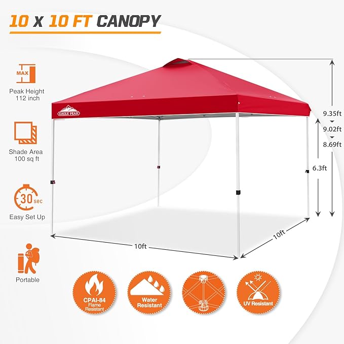 EAGLE PEAK Pop Up Canopy Tent with Wheeled Carry Bag, 8 Stakes, 4 Ropes, 4 Weight Bags, Easy Set Up Tent Canopy, 10x10 ft, 100sqft of Shade, Red
