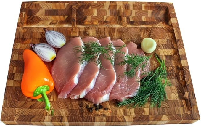 EcoDecors FSC Certified Solid Teak Wood Cutting Board 24x18, Large End Grain Butcher Block with Juice Groove, Side Handles, Charcuterie Slots, Reversible