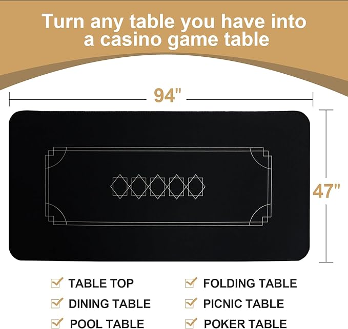 CONTINUE Poker Mat 8-10 Players Portable Poker Table Top Black Wrap Texas Hold'em Poker Mat Rubber Poker Layout with Carrying Bag for Poker Games, Blackjack, Casino（94 x 47 Inch）