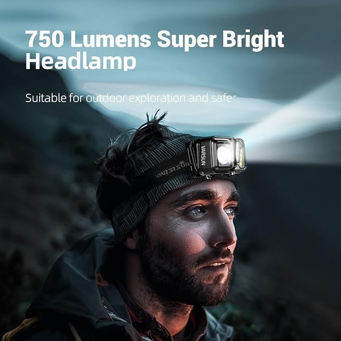 WARSUN Rechargeable Lightweight Headlamp ??750 Lumens Running & Helmet Light, LED Head Torch with Motion Sensor, 5 Modes, for Night Running, Fishing, Camping, Cycling, Work