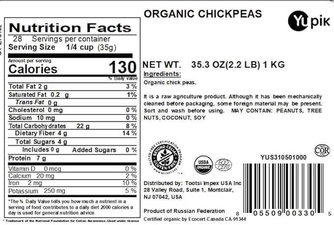 Yupik Organic Raw Chickpeas, 2.2 lb, Non-GMO, Vegan, Gluten-Free (Pack of 2)