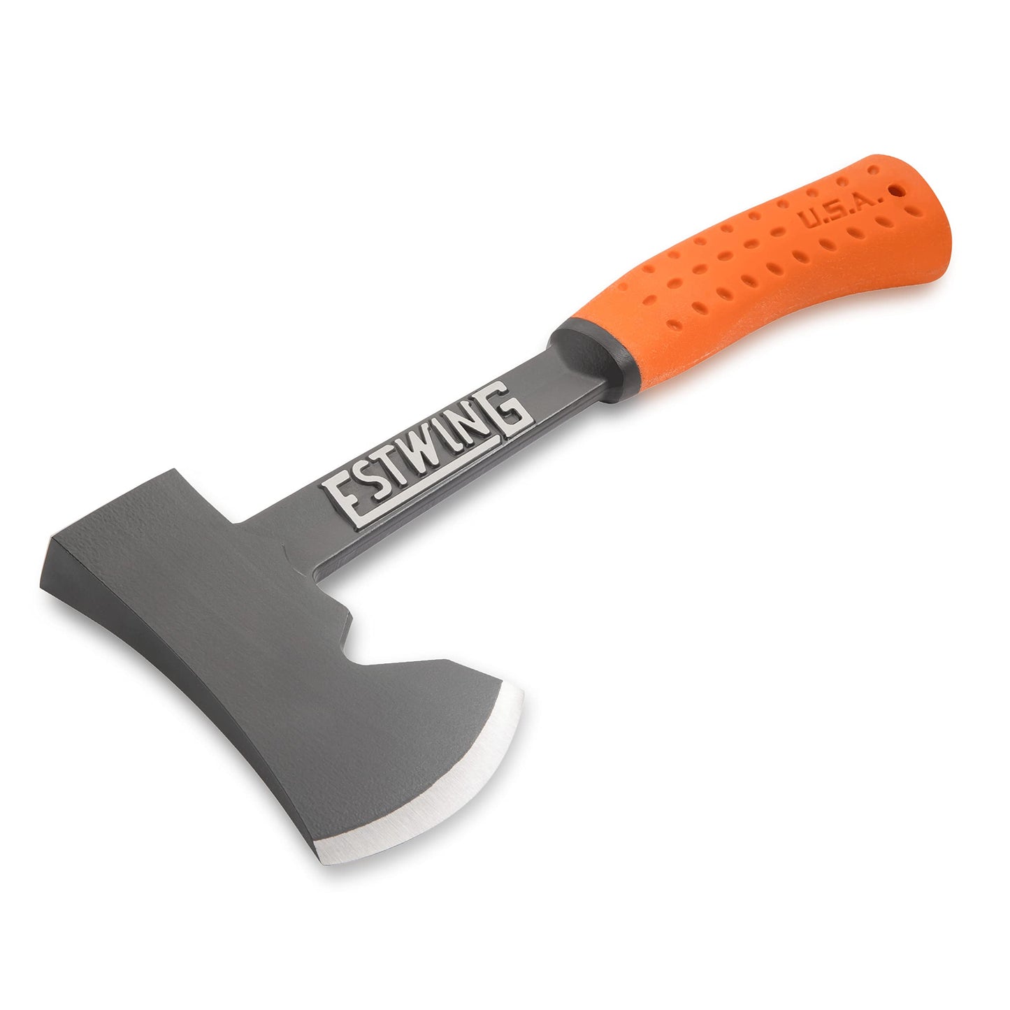 ESTWING Camper's Axe - 14" USA Made Black Hatchet with Tent Stake Puller & Hi-Vis Orange Shock