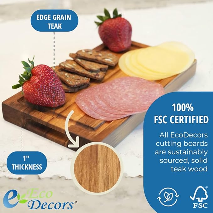 EcoDecors, Teak Cutting Board 10"x6", Reversible Compact Teak Wood Edge Grain Cutting Board with Juice Groove, Small Wooden Board for Bar, Garnish, Snack, Cheese, or Gift, FSC Certified