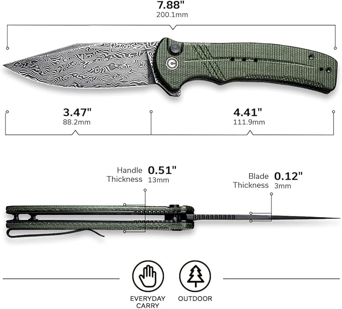 CIVIVI Cogent Button Lock Flipper Pocket Knife, Damascus Blade Green Micarta Handle, Good for Outdoor EDC Camping C20038D-DS1
