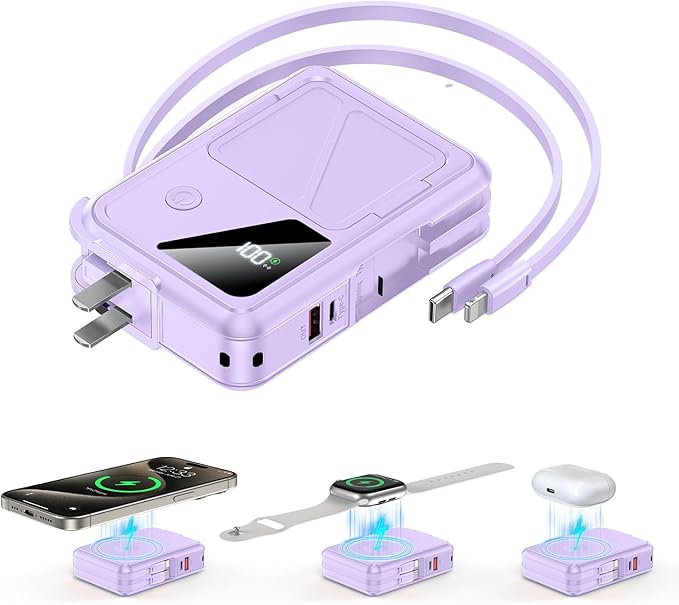 Wireless Portable Charger,5-in-1 Magnetic Power Bank 10000mAh Built in Cables and AC Plug,22.5W Fast Charging Magnetic Battery Pack,Compatible with iPhone 16/15/14/13/12,Apple Watch Series,Airpods