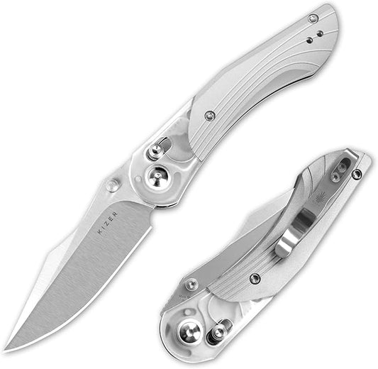 Kizer Mini Mystic Pocket Knife, 3.2" Nitro-V Blade EDC Knife with Gray Aluminum and Acrylic Handle, Camping Folding Knife with Clutch Lock, Hunting Survival knife with Thumb Stud Opener, V3636A1