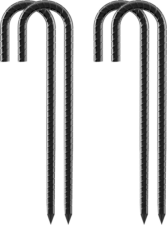 12 Inch Rebar Stakes, 4 Pack J Hook Heavy Duty Ground Stakes for Canopy Tent Trampoline and Chain Link Fence Rust Proof Coated Steel Ground Stakes Ground Anchors (Black)