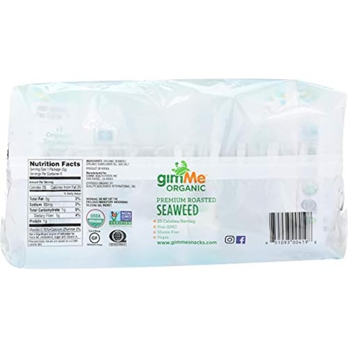 Gimme Seaweed - Sea Salt - 6 Count - Organic Roasted Seaweed Sheets - Keto, Vegan, Gluten Free - Great Source of Iodine & Omega 3?™s - Healthy On-The-Go Snack for Kids Adults (Pack of 2)