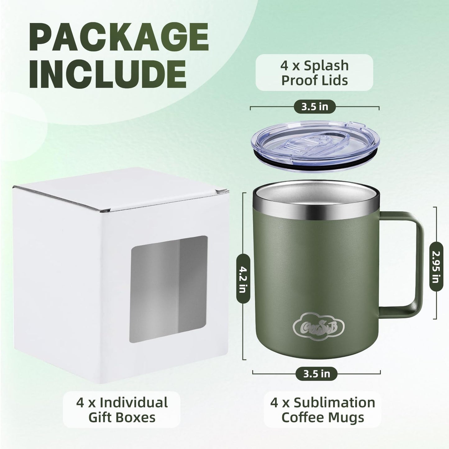 CoolSub 12oz Insulated Coffee Mug with Handle, Stainless Steel Wide Mouth Travel Tumblers with Lid