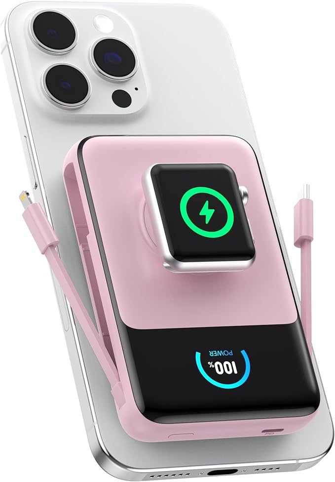 Magnetic Portable Charger 10800mAh with Built-in Cables,5-in-1 Qi2 Certified 15W Wireless Power Bank with iWatch Charger,30W PD Fast Charging USB-C Battery Pack for iPhone 17/16/15/14/13/12-Pink