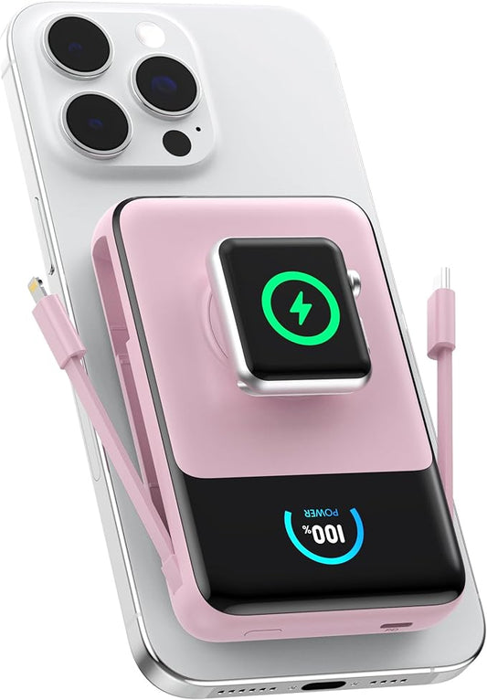Magnetic Portable Charger 10800mAh with Built-in Cables,5-in-1 Qi2 Certified 15W Wireless Power Bank with iWatch Charger,30W PD Fast Charging USB-C Battery Pack for iPhone 17/16/15/14/13/12-Pink