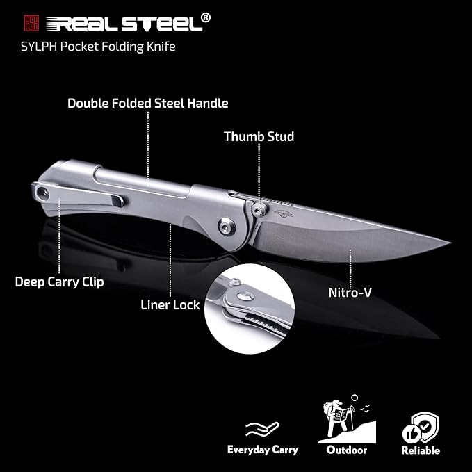 REALSTEEL SYLPH Folding Pocket Knife, Liner Lock, 3.07" Nitro-V Steel Satin Plain Blade, Thumb Stud, Double Bending Steel Handle, 3.35oz, Deep-carry Pocket Clip, EDC Outdoor Indoor, Gifts for Men Women Camping Hiking Climbing (Silver)