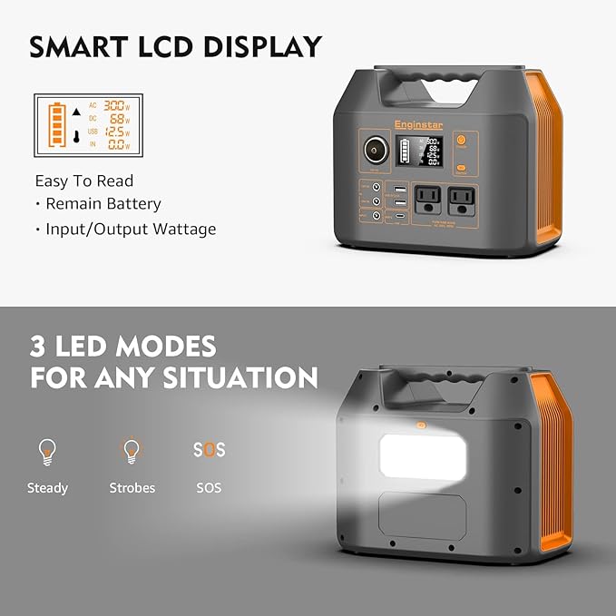 EnginStar Portable Power Station, 300W 296Wh Battery Bank with 110V Pure Sine Wave AC Outlet,100W Foldable Solar Panel Charger with 18V DC Outlet for Portable Power Stations