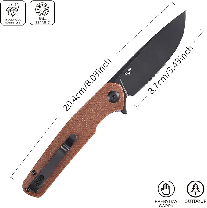 Sitivien ST102 Folding Knife, D2 Steel Blade+Micarta Handle EDC Tool Knife for Outdoor, Camping, Hunting, Survival (Brown) …