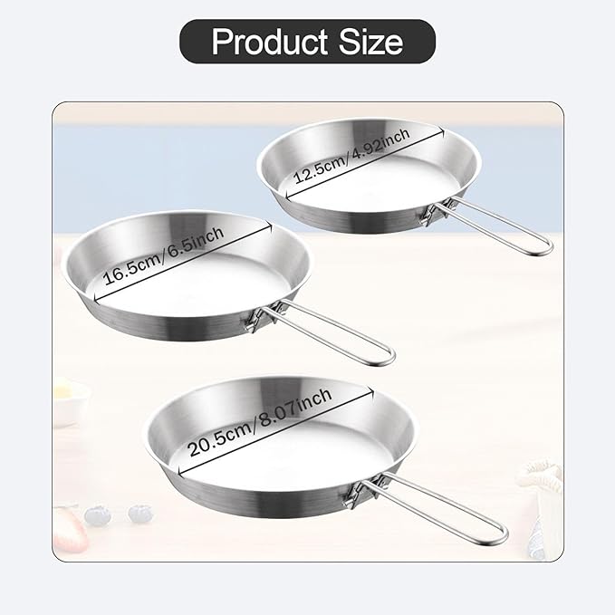 Stainless Steel Camping Fry Pan Cookware Foldable Handle Easy to Clean Multipurpose Outdoor Cooking Griddle Non Stick Skillet, 12cm