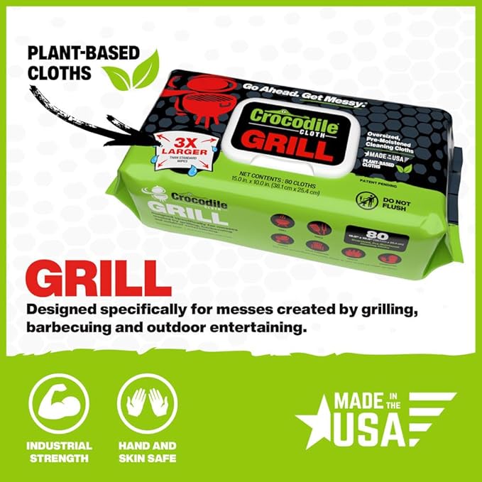 Crocodile Cloth Grill Wipes, 640 Count (8 Packs) ??Extra-Large 15??x 10??Plant-Based Cleaning Cloths, Safe on Skin & Surfaces, Pre-Moistened with Aloe & Vitamin E