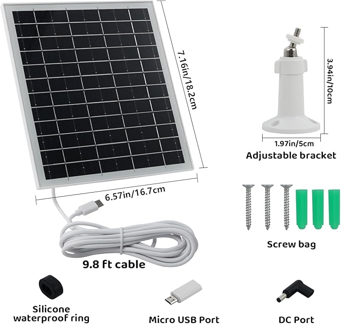 Solar Panel for Security Camera IP65 Waterproof USB Solar Panel Charger Type-C Port?�Micro USB Port＆DC Port Solar Sanels for Cameras with 9.8ft Charging Cable 6W Charging Power(1 Pack White)