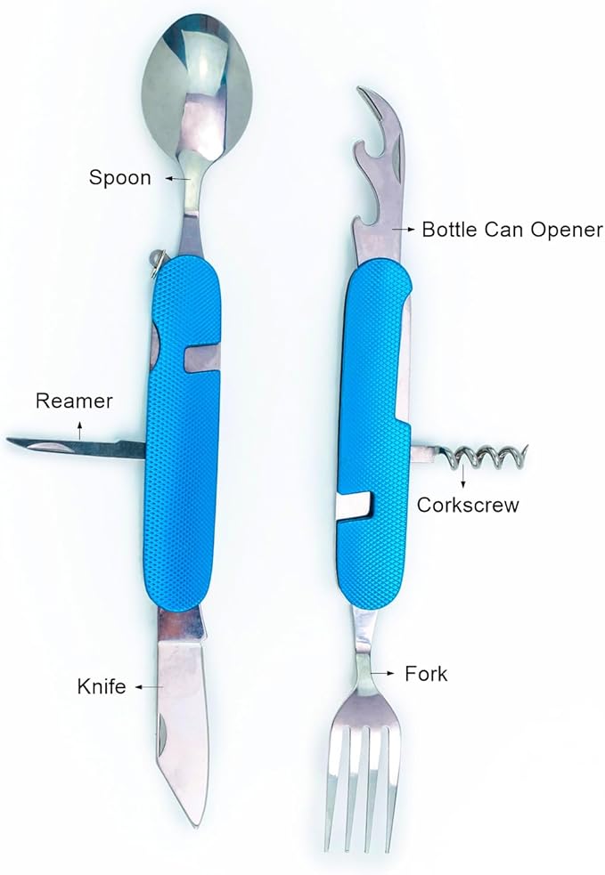 6-in-1 Multi-Function Camping Utensil Flatware Set Detachable Spoon Fork Knife Combo Mess Kit with Carrying Pouch (Blue + Red)