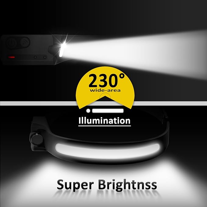 LED Headlamp Rechargeable with Motion Sensor, USB Head Lamp Band with 230°Beam 5 Modes 350 Lumen Headlight Ultra Bright Head light Flashlight for Adults & Kids Outdoor Camping Hiking Running Travel