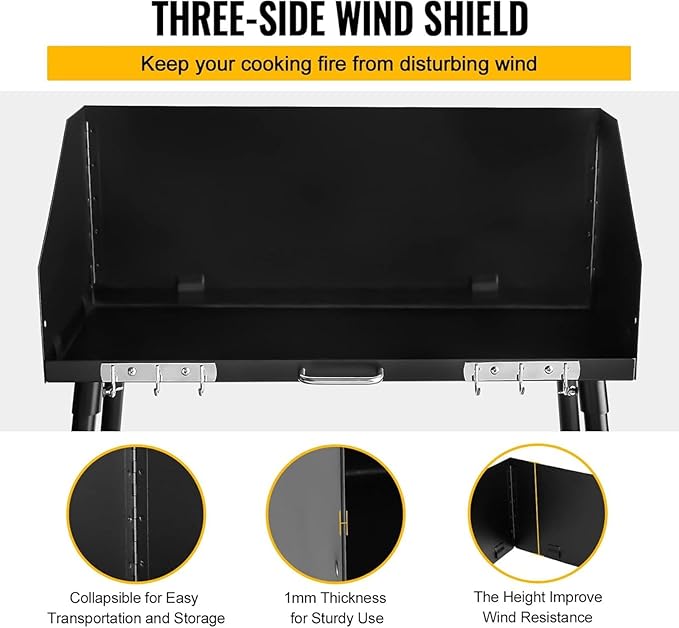 Carbon Steel Camp Cooking Table, Dutch Oven Table with Three-Sided Windscreen and Four Legs for Grill Travel Outdoor Picnic,Beach,BBQ,Backyards,30x16