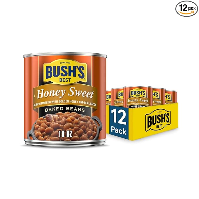 BUSH'S BEST 16 oz Canned Honey Sweet Baked Beans, Source of Plant Based Protein and Fiber, Low Fat, Gluten Free, (Pack of 12)