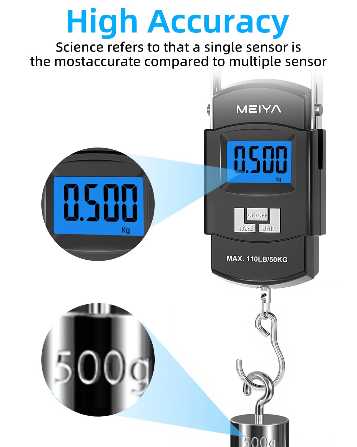 MEIYA Fish Scale 110lb/50kg Digital Fishing Scale with Backlit LCD, Portable Handle, Stainless