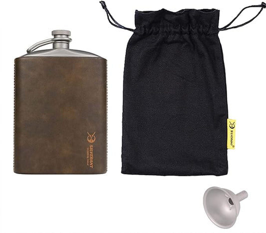 SILVERANT Titanium Hip Flask 248ml/8.73 fl oz, Ultralight Portable Leakproof Pocket Flask Flagon With Screw Cap Clip, Leather Case & Pouring Funnel