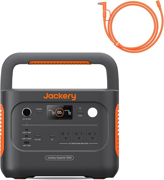 Jackery Explorer 1000 v2 Portable Power Station and Extension Cable,1070Wh LiFePO4 Battery,1500W AC/100W USB-C Output, 1 Hr Fast Charge, Solar Generator for Camping,Emergency (Solar Panel Optional)