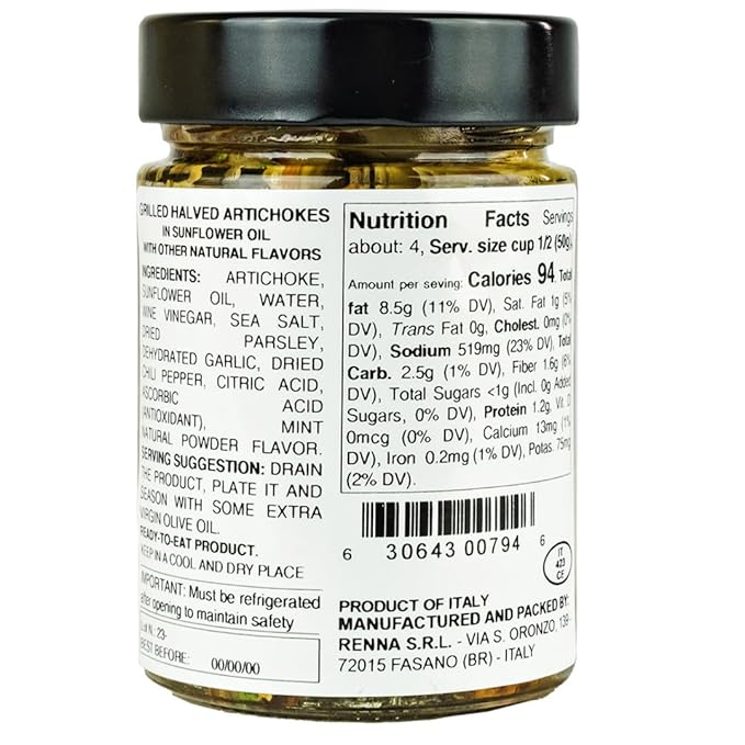 Renna, Grilled Roasted Halved Artichokes preserved in oil, 10.58 oz, Heart, Mediterranean flavor, Specialty Imported Food, Product of Italy
