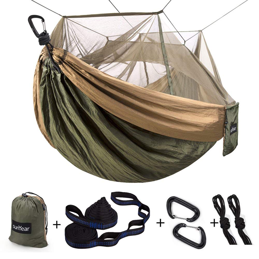 Sunyear Camping Hammock with Net, Single & Double, 2 * 10ft Straps