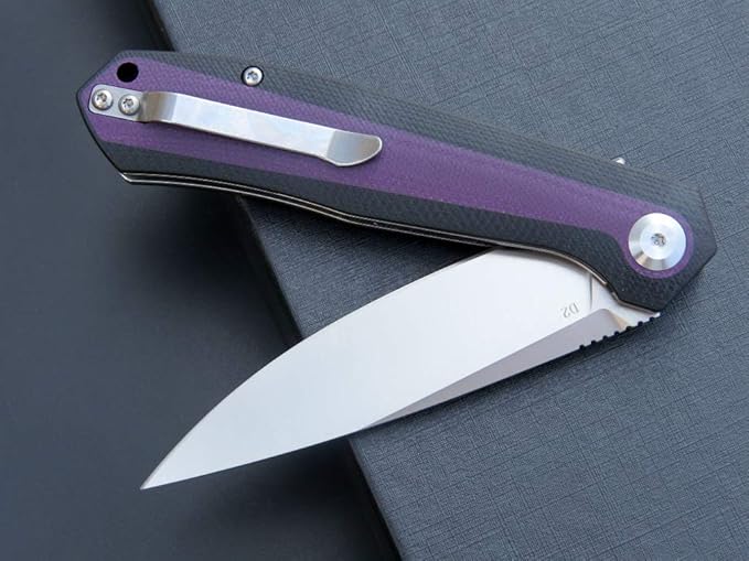 Eafengrow EF964 Pocket Folding Knife G10 Handle D2 Blade EDC Tool Knife with Pocket Clip Fast Opening Ball Bearing Folder for Outdoor Camping Hiking (Purple)